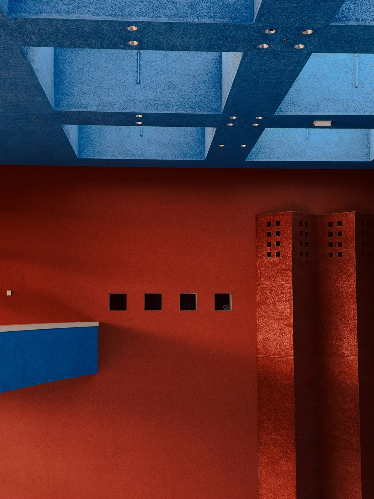 Red wall with blue ceiling